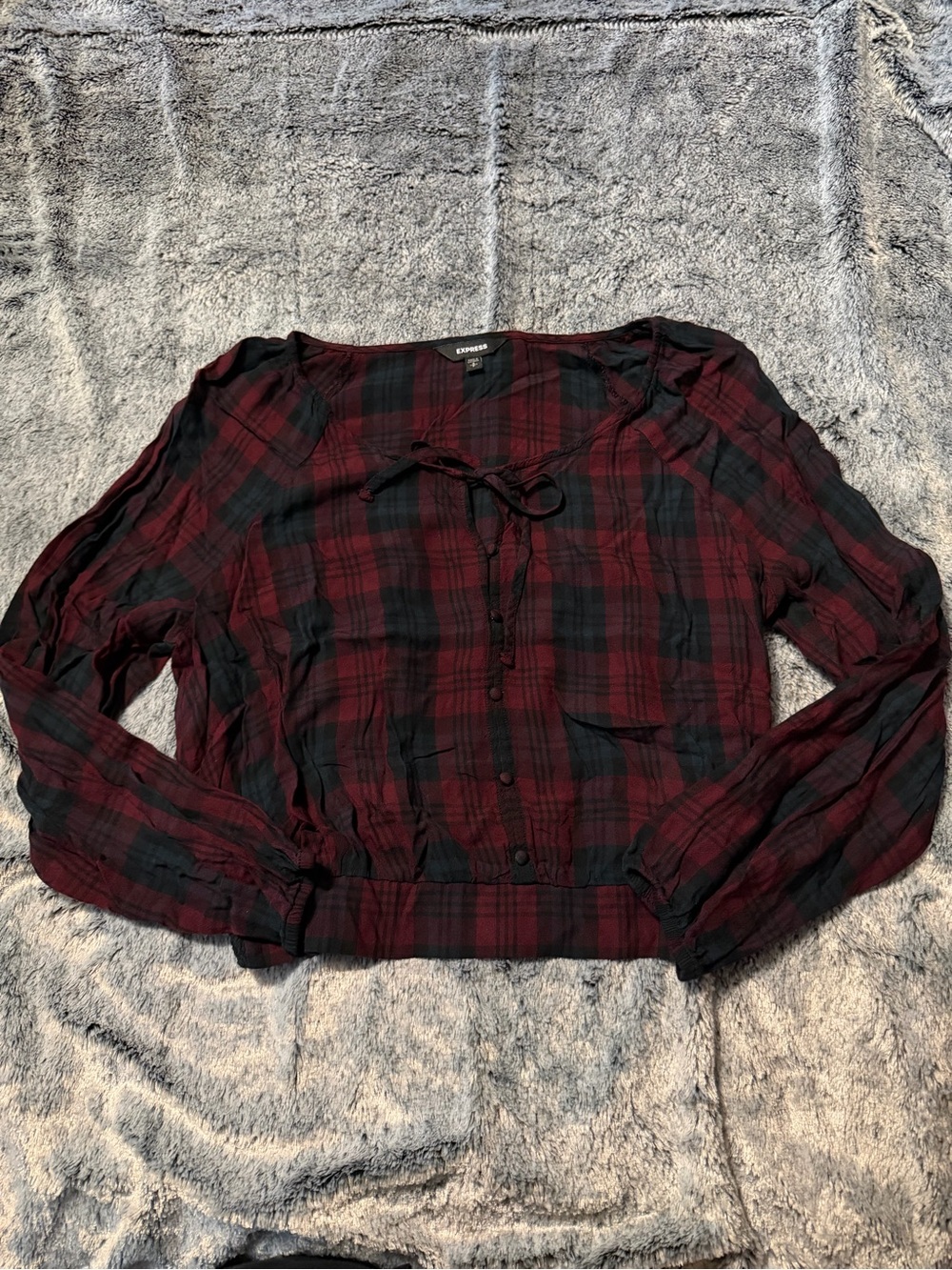 Express Burgundy and Navy Blue Plaid Tie-Front Long Sleeve Top